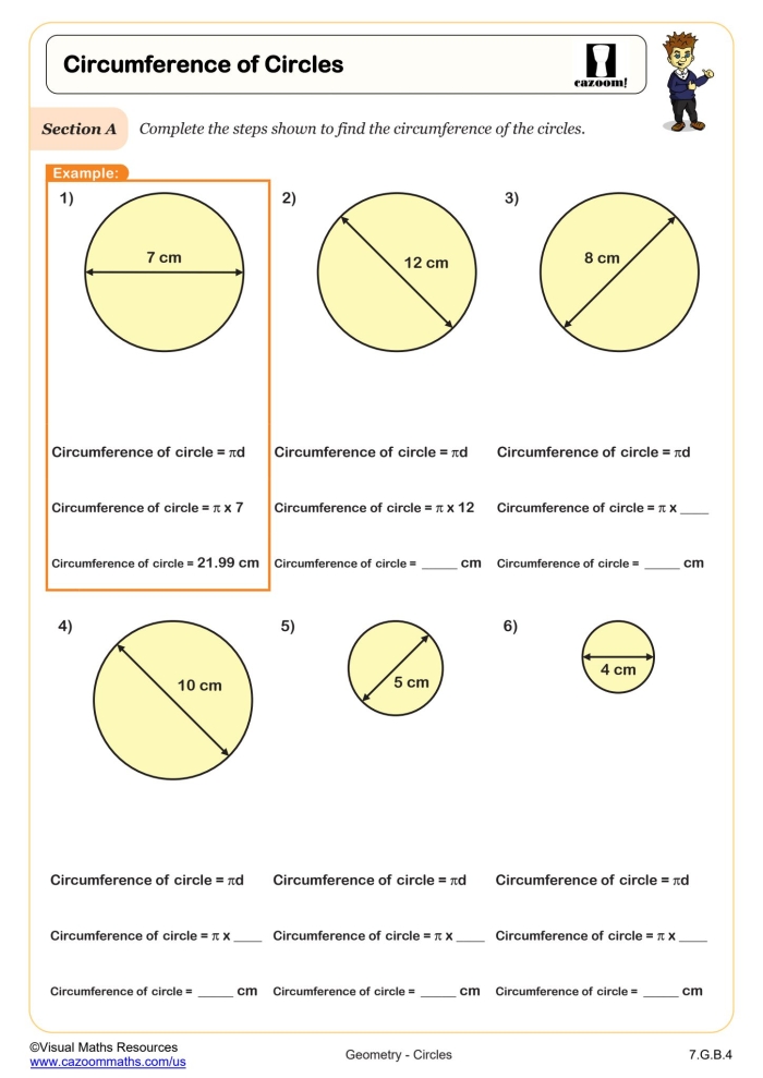 Seventh grade math worksheet featuring geometry problems for calculating circle circumference