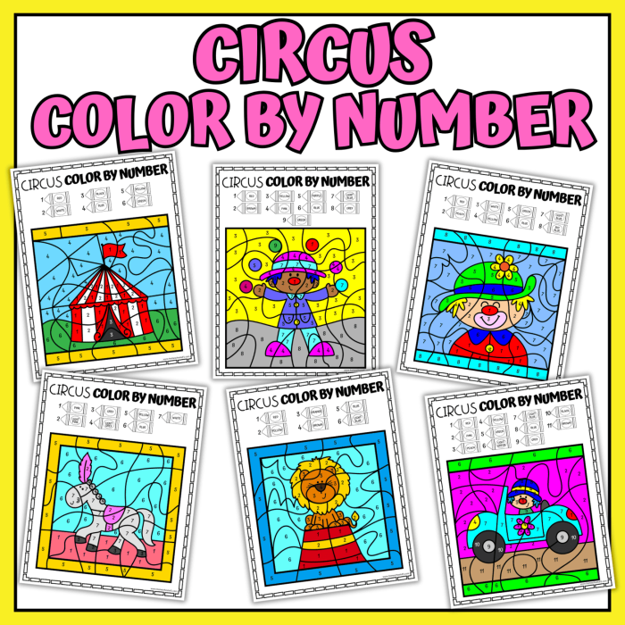Circus-themed color by number worksheet for practicing division facts