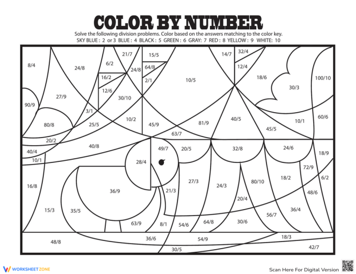 Color by number worksheet featuring a circus theme for division practice