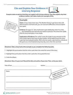 How to Cite Strong Evidence Literary Response Worksheet 11 Fourth grade worksheet showing example literary responses for citing and explaining evidence