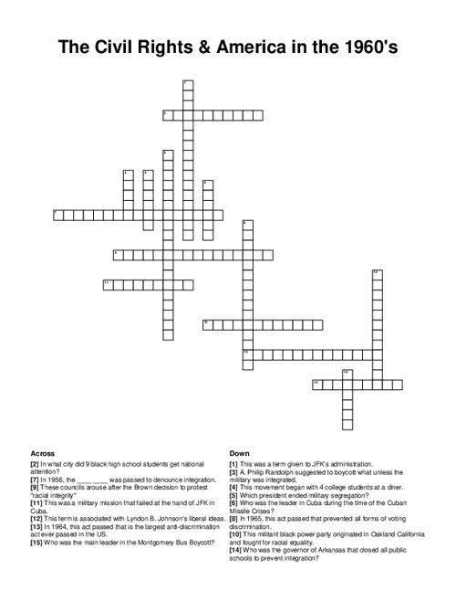 Fifth grade crossword puzzle worksheet about American civil rights movement leaders and events from the 1950s and 1960s