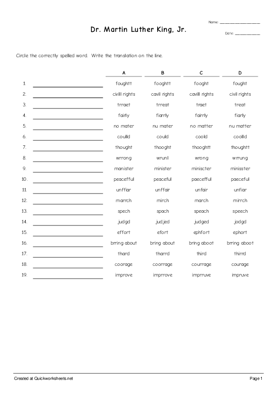 Fifth grade crossword puzzle worksheet about American civil rights movement leaders and events from the 1950s and 1960s