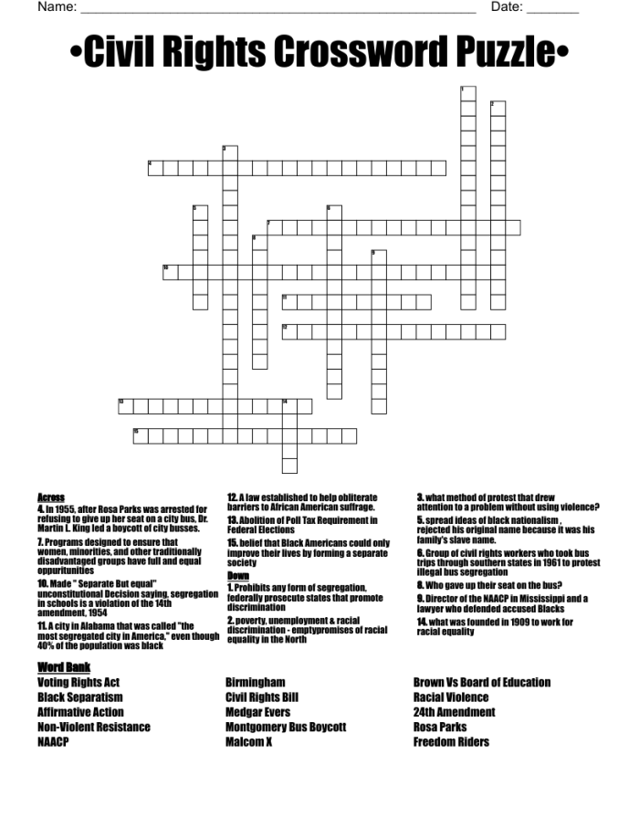 ALT text: Fifth grade crossword puzzle about American civil rights movement leaders and events from the 1950s and 1960s