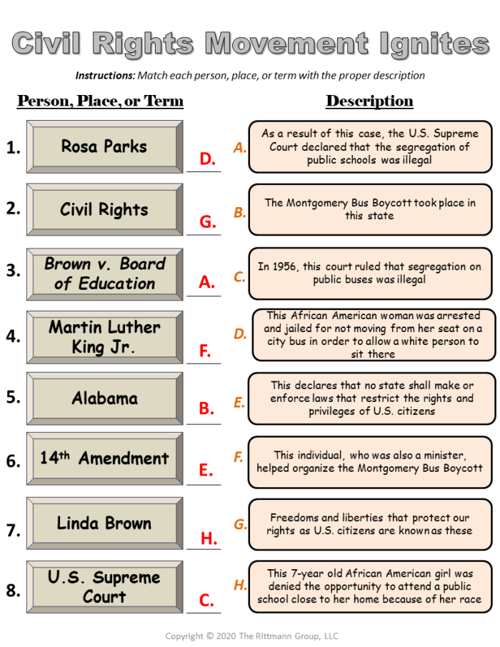Crossword puzzle worksheet featuring historical facts and terminology from the American civil rights movement for fifth grade students