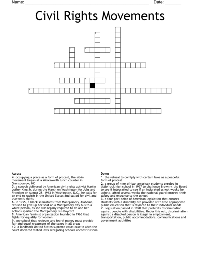 Fifth grade crossword puzzle worksheet about American civil rights movement leaders and events from the 1950s and 1960s