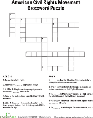 Fifth grade American Civil Rights Movement crossword puzzle worksheet featuring historical key figures