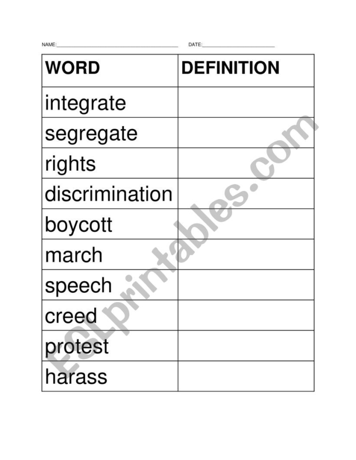 Civil Rights Movement Vocabulary Learning Activity for Elementary Students Fifth grade students learning civil rights vocabulary terms and definitions for social studies