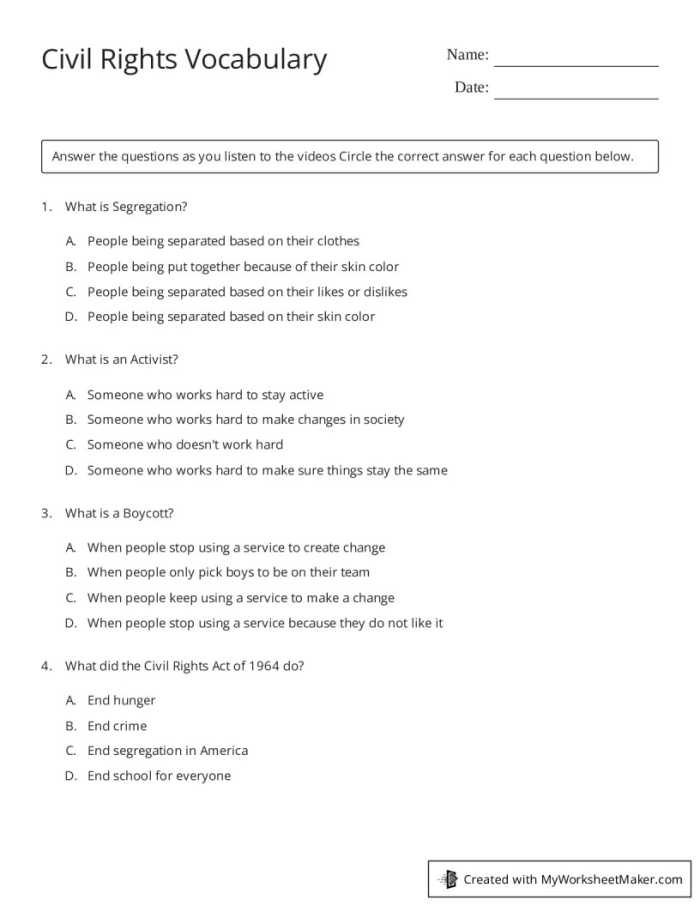 Image 8: Understanding Civil Rights Movement Vocabulary and Concepts Civil Rights Vocabulary worksheet for fifth grade students learning about the movement and related terms