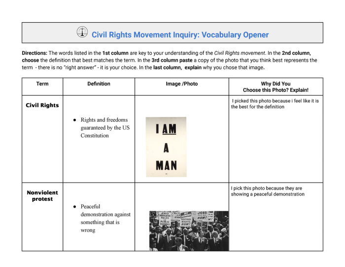 Civil Rights Vocabulary Worksheet for Grade 5 Social Studies and Grammar Fifth grade student working on a Civil Rights vocabulary worksheet about historical movements