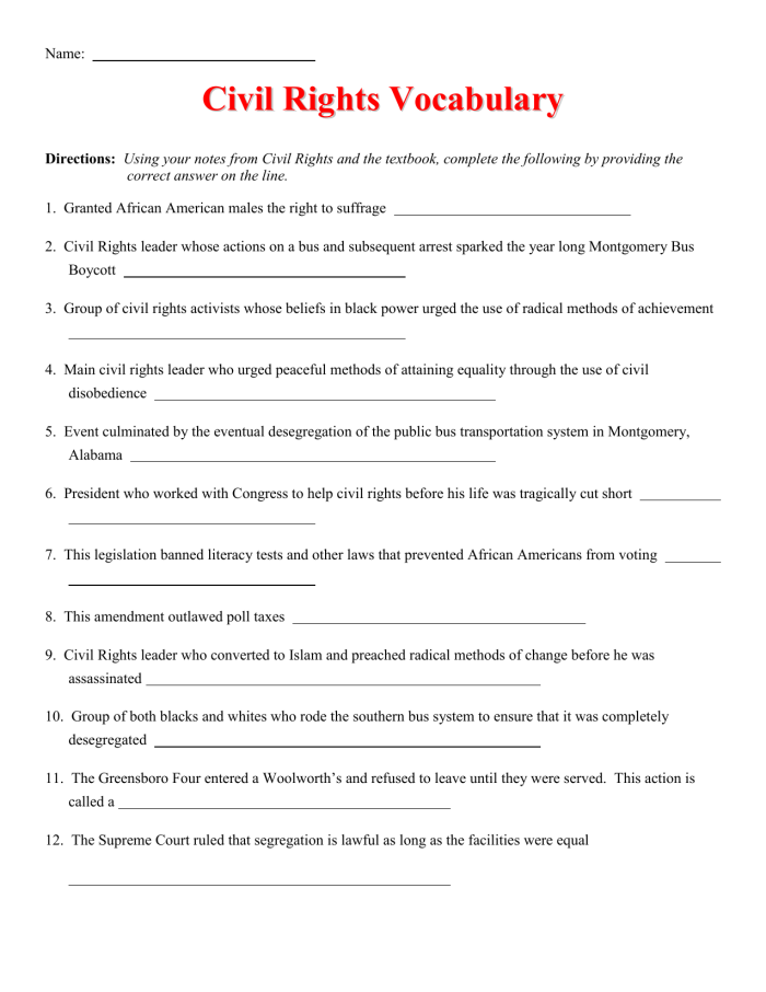 Civil Rights Vocabulary Worksheet Activity for Elementary Learners Fifth grade students learning civil rights movement vocabulary words and definitions for grammar practice
