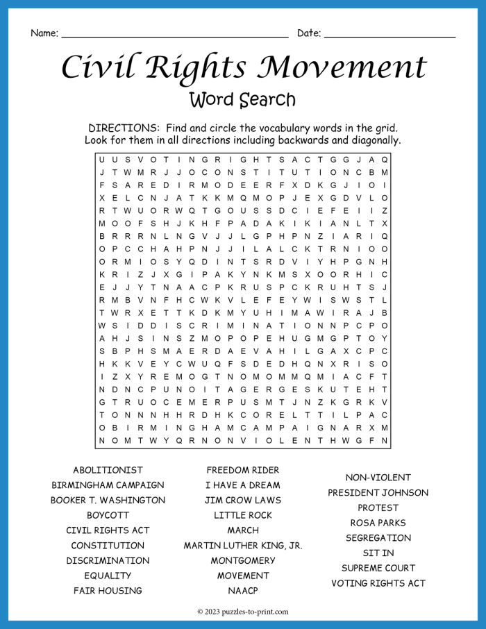 Civil Rights Movement Vocabulary Worksheet 14 A fifth grade worksheet featuring vocabulary terms and definitions related to the American civil rights movement.