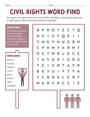 Writing worksheet for Third Grade Civil Rights Word Find worksheet featuring a puzzle for third graders to circle key terms from the American civil rights movement. Engaging activity for students to learn about the 1950s and 1960s civil rights history.