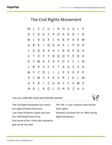 Engaging educational image of a word search focused on American civil rights vocabulary for young learners Civil Rights Word Find worksheet featuring a puzzle for third graders to discover key terms from the 1950s and 1960s movement