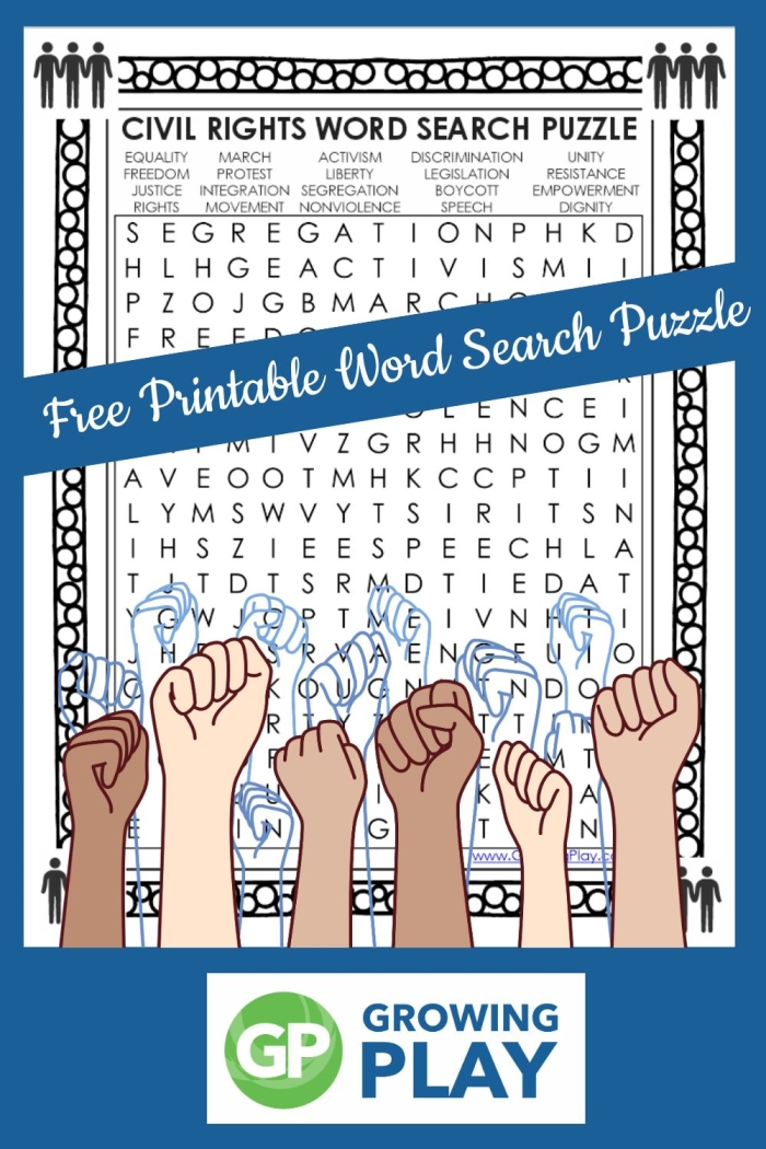 Engaging activity for kids to explore the American civil rights movement through a word search Civil Rights Word Find worksheet for third graders featuring a puzzle with eight related terms