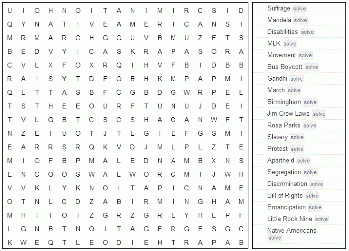 Civil Rights Word Find Worksheet Activity 16 Third grade students solve a word search puzzle featuring eight terms from the American civil rights movement
