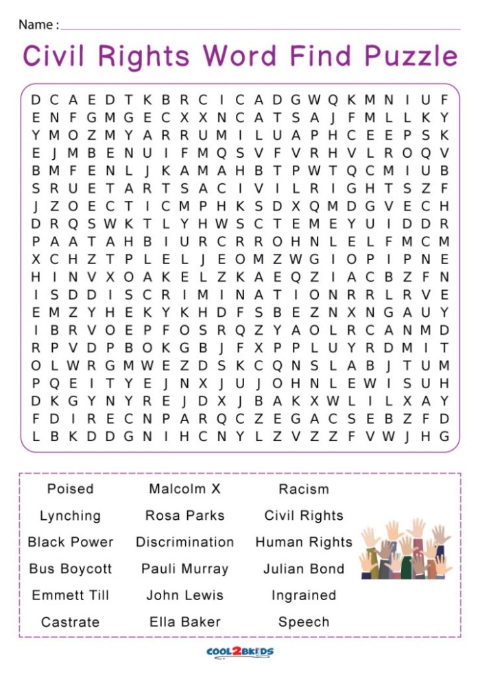 Civil Rights Movement Word Find Activity for Third Graders Image 20 Third grade worksheet featuring a Civil Rights movement word search puzzle with eight vocabulary terms to find and circle