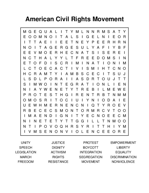 Engaging activity for students to explore key terms related to the 1950s and 1960s civil rights movement Civil Rights Word Find worksheet for third graders featuring a word search puzzle about the American civil rights movement