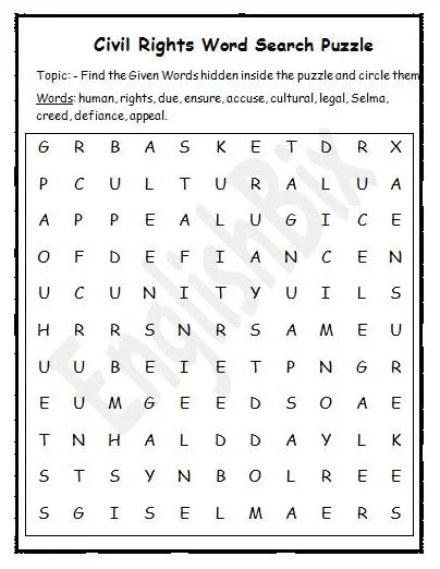 Writing worksheet for Third Grade Civil Rights Word Find worksheet for third graders, featuring a puzzle with eight related terms to circle. Engaging activity for students to learn about the American civil rights movement.