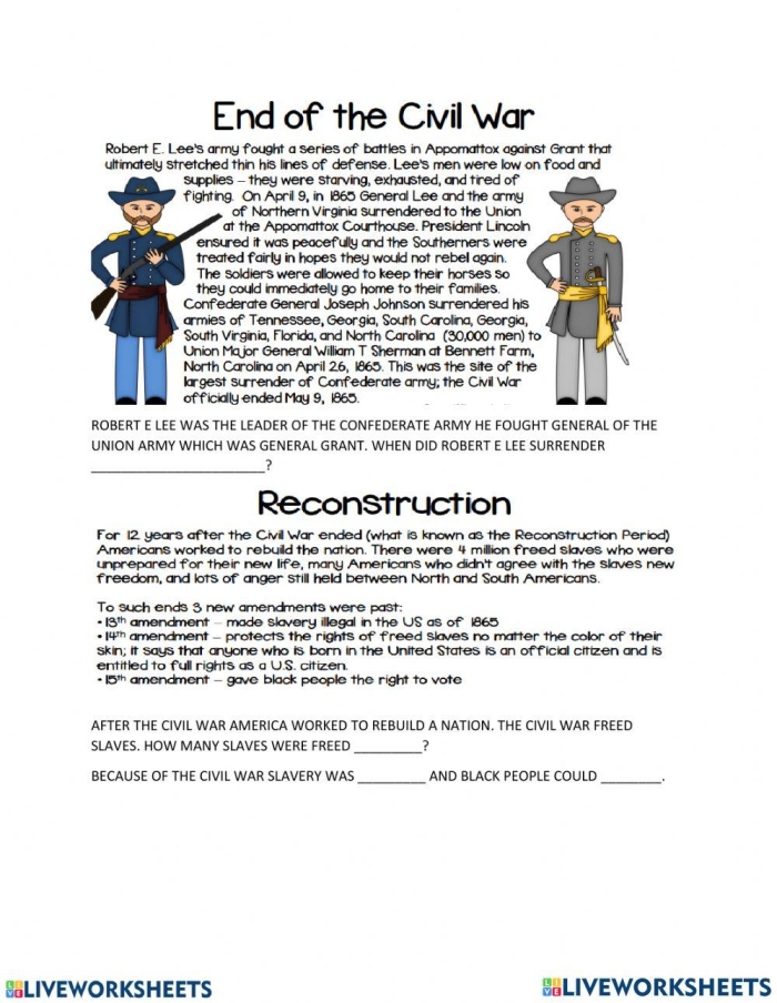 Civil War Summary Worksheet for History Students Image 20 Printable worksheet covering the historical causes and resolution of the American Civil War for students