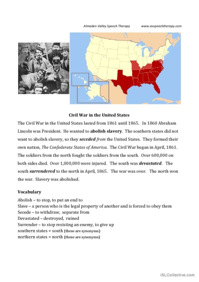 Fourth grade geography worksheet covering the historical impact of the American Civil War