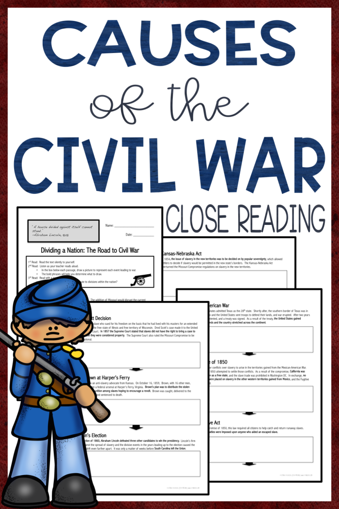 Causes of the Civil War research worksheet for middle school history students Sixth grade students completing a worksheet analyzing historical events and causes leading to the American Civil War