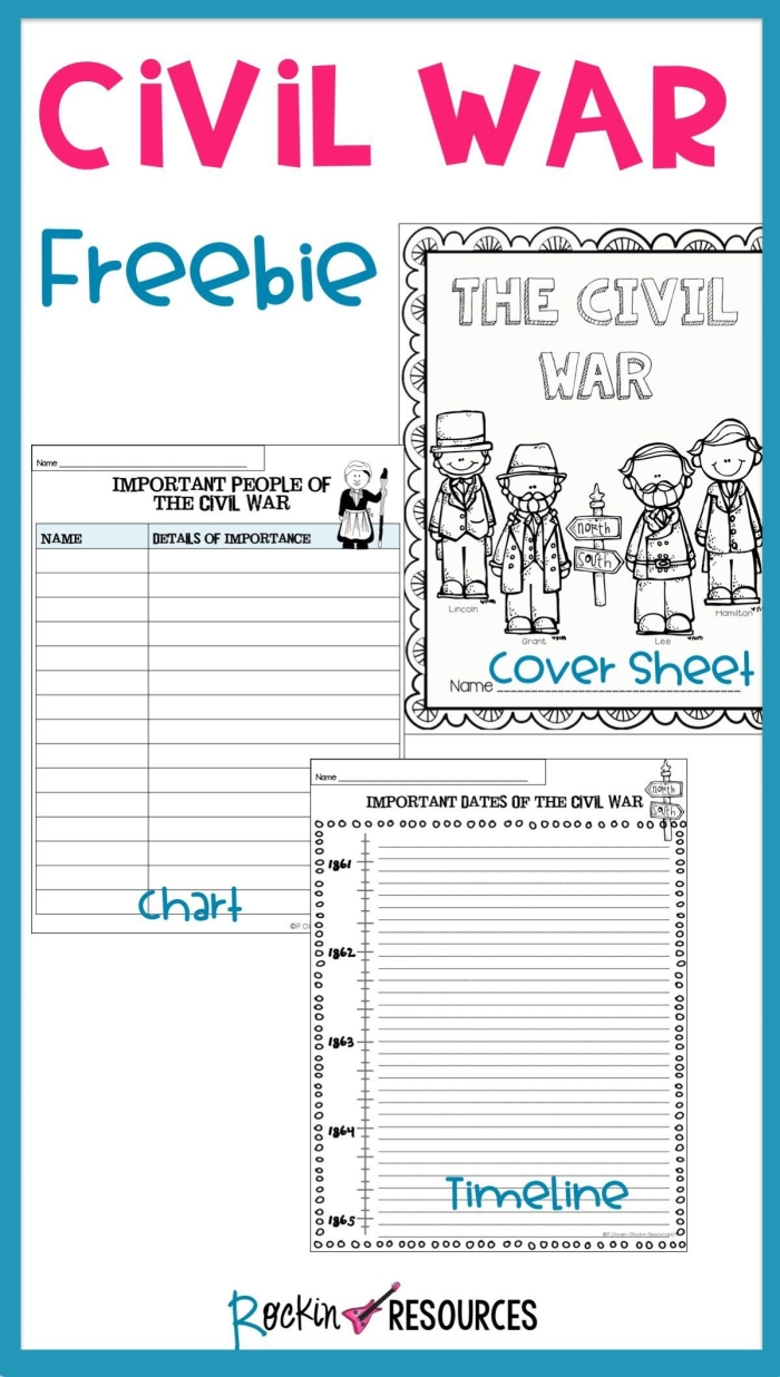 Causes of the Civil War Timeline worksheet showing key events from 1776 to 1861 for sixth grade students