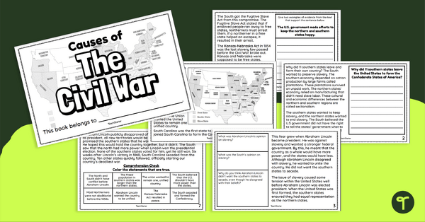 Timeline showing major events and causes leading to the American Civil War from 1776 to 1861 for sixth grade students