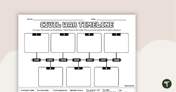 Sixth grade student worksheet featuring a chronological timeline of events that caused the Civil War