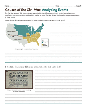 Causes of the Civil War Analyzing Events printable worksheet for sixth grade history students Sixth grade students filling out a worksheet about the primary causes and historical events of the American Civil War