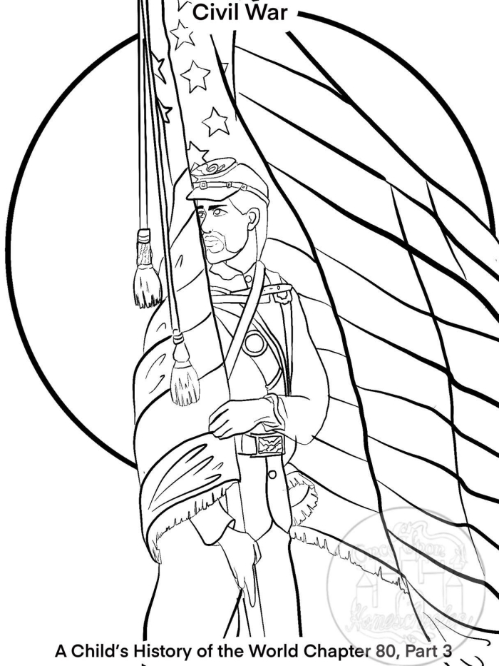 Civil War Coloring Page worksheet featuring soldiers from both sides for kids to color
