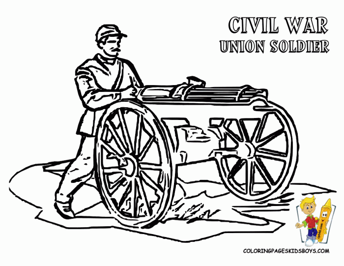 Civil War Coloring Page worksheet featuring soldiers from Union and Confederate armies