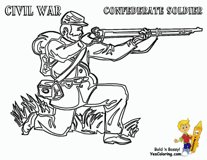 Civil War coloring page worksheet featuring soldiers from the Union and Confederate armies for second graders