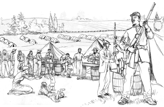 Civil War coloring page worksheet featuring soldiers from both sides for second graders