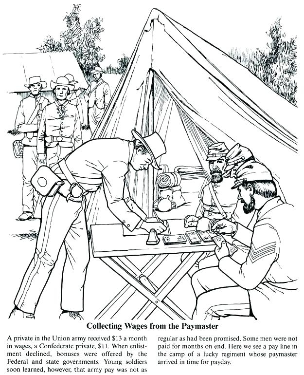 Civil War Coloring Page worksheet featuring soldiers from the Union and Confederate armies for second graders