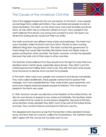 Fourth grade students analyzing a Civil War history reading passage on an educational worksheet