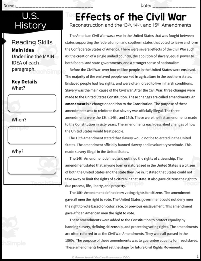 Fourth grade geography worksheet featuring a nonfiction reading passage and essay questions about the lasting effects of the Civil War