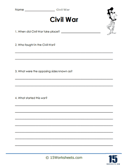 Writing worksheet for History Worksheet summarizing the key events of the Civil War for kids. Educational resource titled "What Was the Civil War?" for history lessons.