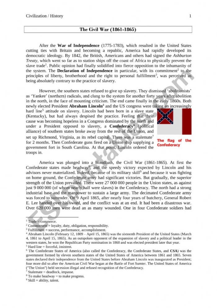 Educational worksheet titled What Was the Civil War summary sheet number 15 A printed worksheet explaining the origins and conclusion of the American Civil War for history students