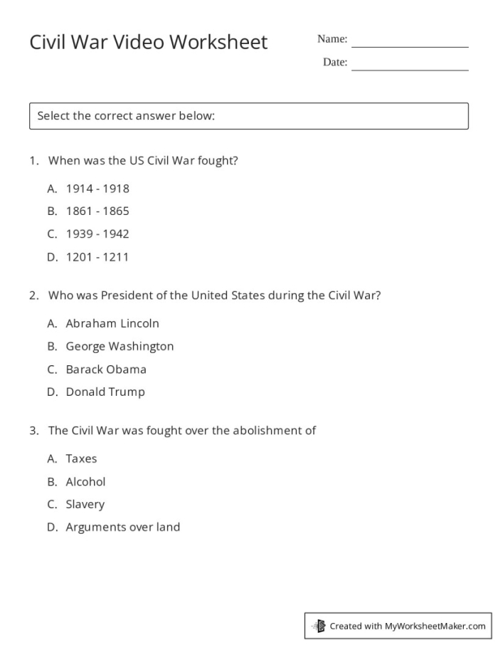 Engaging quiz image for exploring important Civil War topics in a classroom setting Civil War Quiz worksheet designed for middle school students to test their knowledge of key figures and locations
