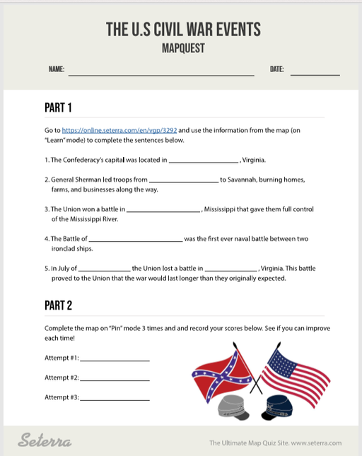 Engaging Civil War Quiz worksheet for reading practice and historical learning Civil War Quiz worksheet designed for middle school students to test their knowledge