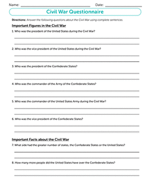 Civil War Quiz Worksheet - Engaging Questions for Reading Practice Civil War Quiz worksheet designed for middle school students to test their knowledge of key figures and locations
