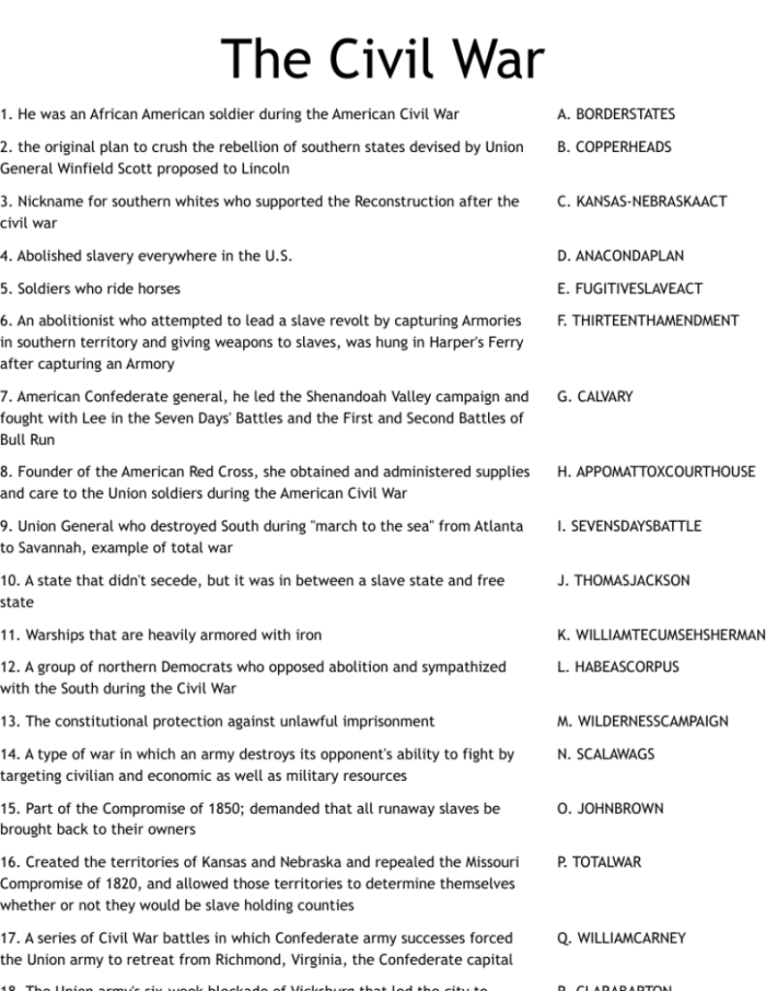 Engaging quiz to enhance reading comprehension skills related to the Civil War Civil War Quiz worksheet for middle school students focusing on key figures and events