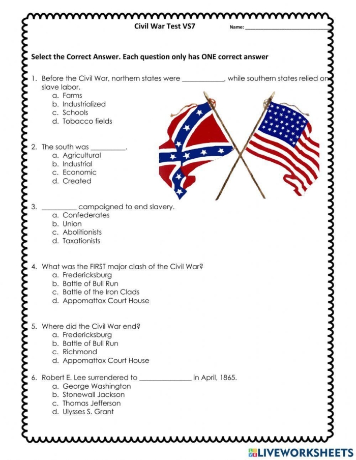 Engaging Civil War Quiz worksheet to enhance reading and comprehension skills Civil War Quiz worksheet for middle school students featuring questions on key figures and locations