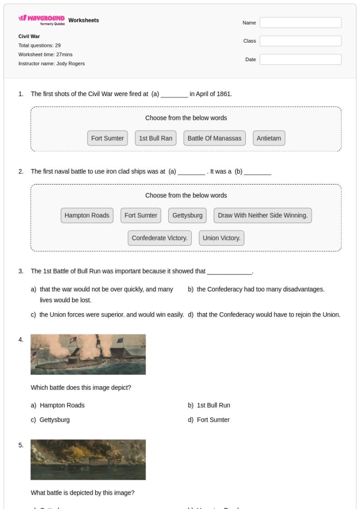 Engaging Civil War quiz worksheet designed to enhance reading and comprehension skills Civil War Quiz worksheet for middle school students featuring key figures and locations