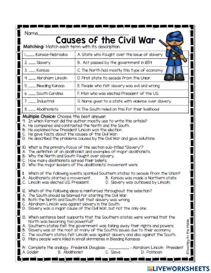 Sixth grade history timeline worksheet outlining key events that triggered the Civil War