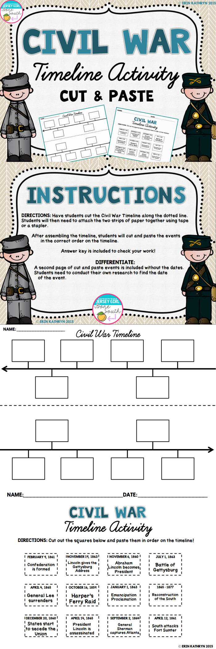 Causes of the Civil War Timeline worksheet for Sixth Grade