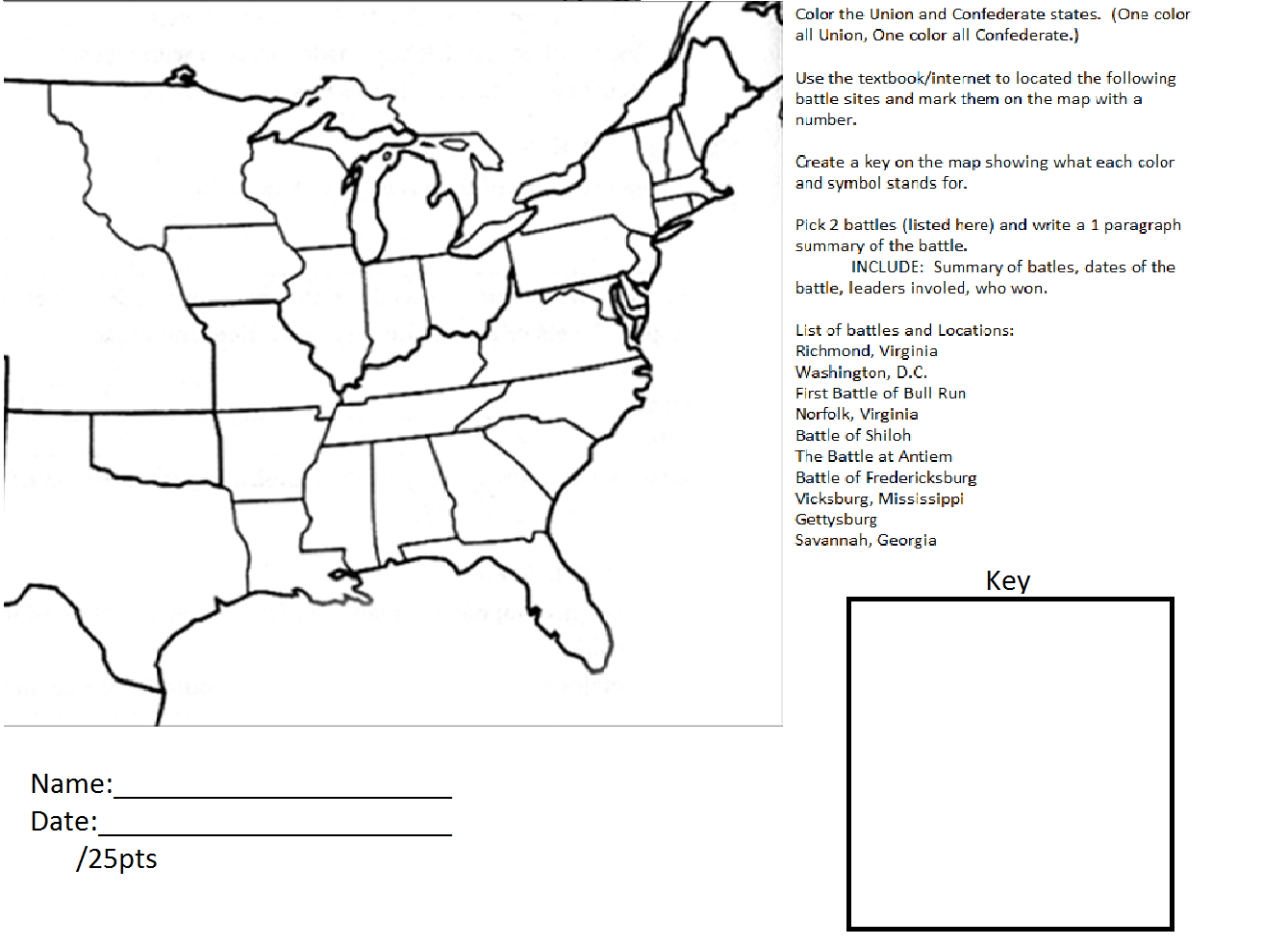 Visual guide to understanding the Civil War basics in a simple format Worksheet summarizing the key events of the Civil War for kids