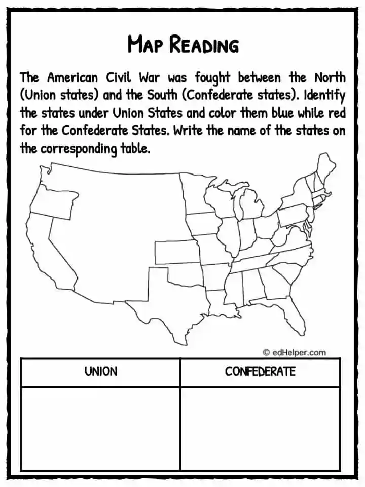 Educational sheet answering the question: what was the Civil War? Worksheet summarizing the key points of the Civil War for kids