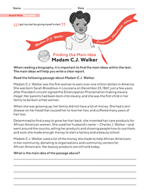 Worksheet for fourth graders about Madam C.J. Walker focusing on finding the main idea