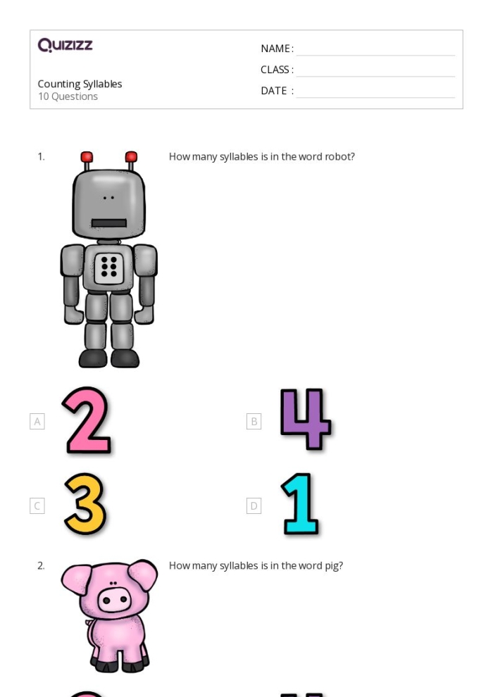 Worksheet for counting syllables using clapping sounds in first grade physical science